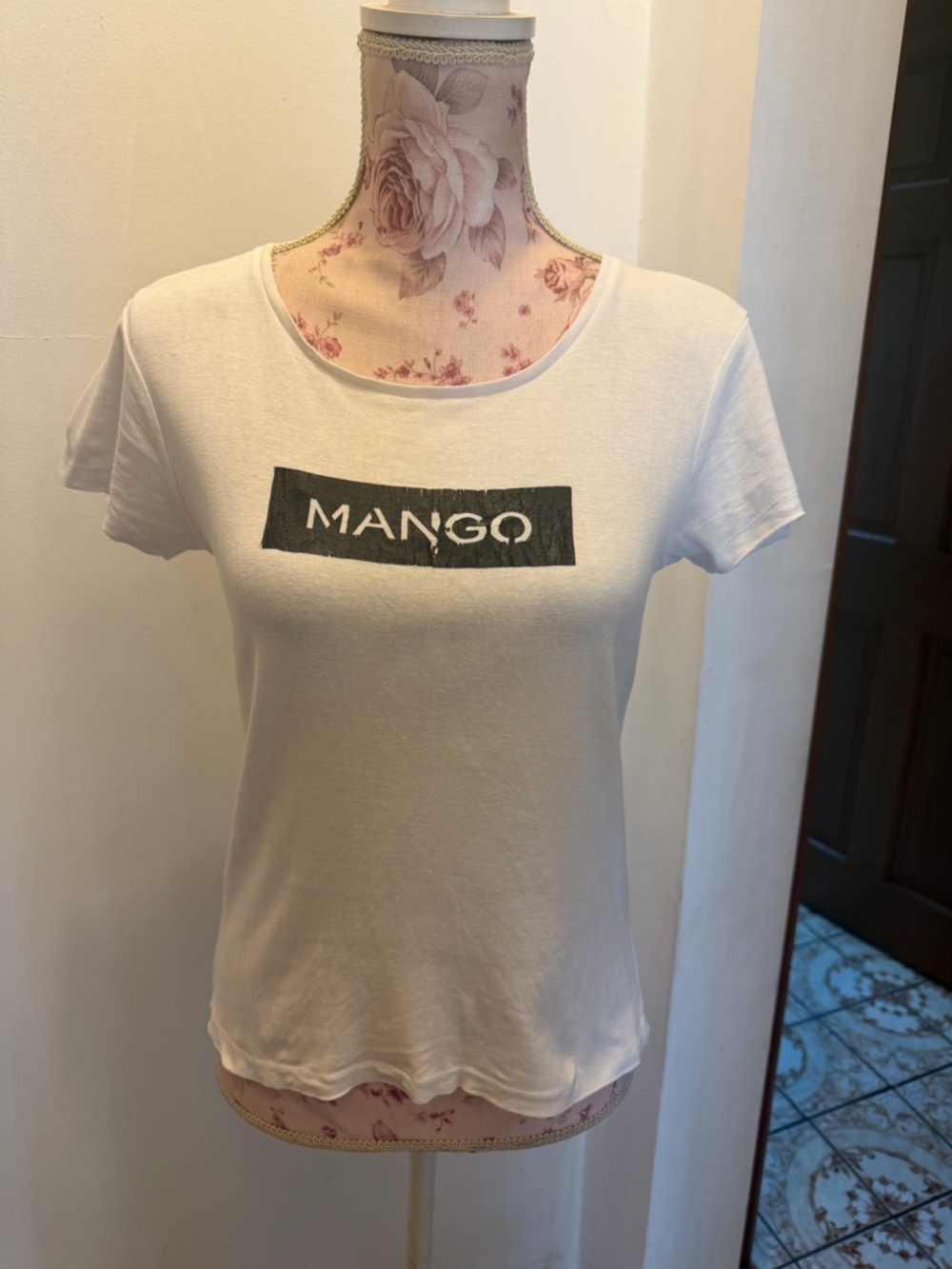 Mango White Short-Sleeve Logo Tee with Black Print